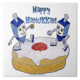 Judaica Happy Hanukkah Dancing Dreidels Doughnut Tile
