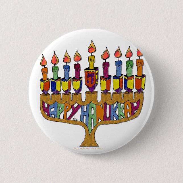 Judaica Happy Hanukkah Dreidel Menorah 2 Inch Round Button (Front)