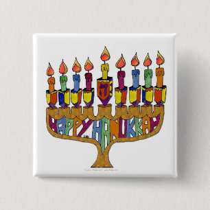 Judaica Happy Hanukkah Dreidel Menorah 2 Inch Square Button