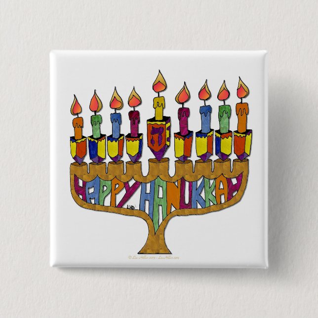 Judaica Happy Hanukkah Dreidel Menorah 2 Inch Square Button (Front)