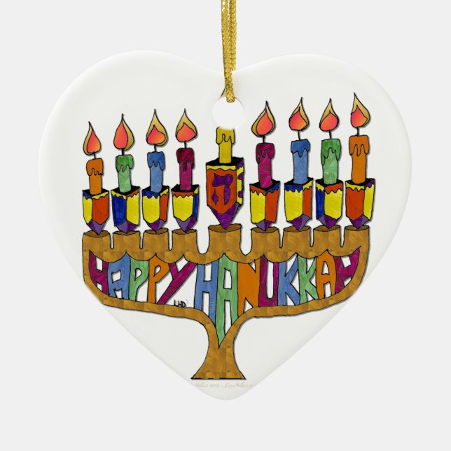 Judaica Happy Hanukkah Dreidel Menorah Ceramic Ornament (Front)