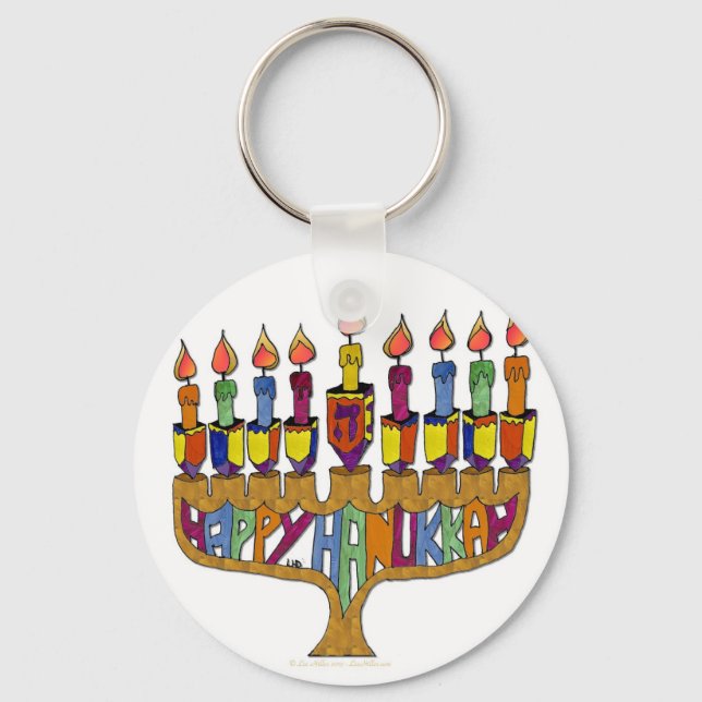 Judaica Happy Hanukkah Dreidel Menorah Keychain (Front)