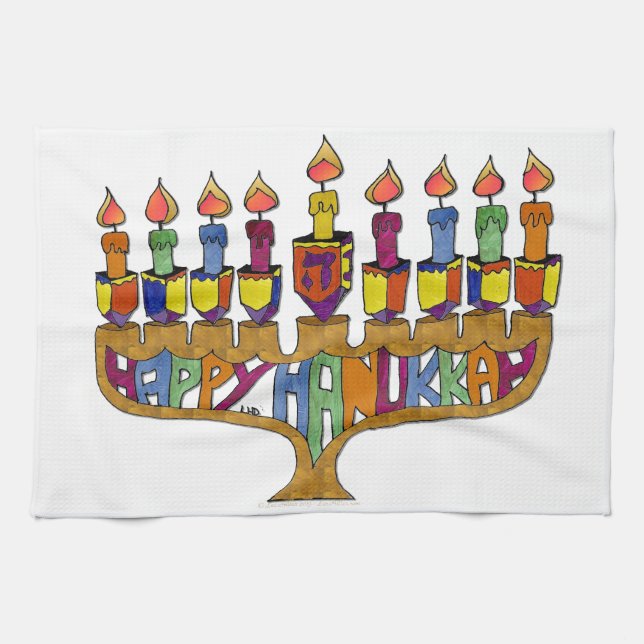 Judaica Happy Hanukkah Dreidel Menorah Kitchen Towel (Horizontal)