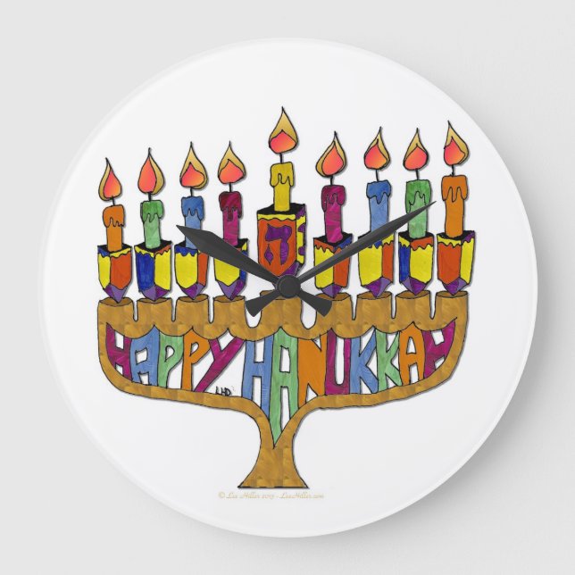 Judaica Happy Hanukkah Dreidel Menorah Large Clock (Front)