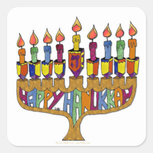 Judaica Happy Hanukkah Dreidel Menorah Square Sticker