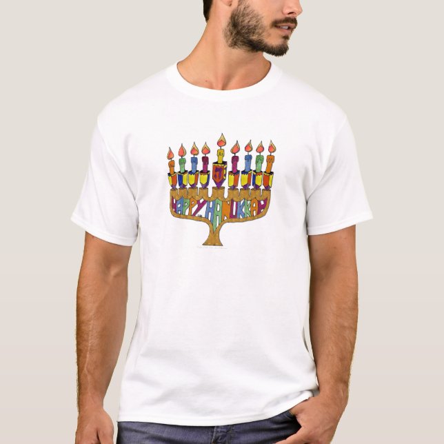 Judaica Happy Hanukkah Dreidel Menorah T-Shirt (Front)