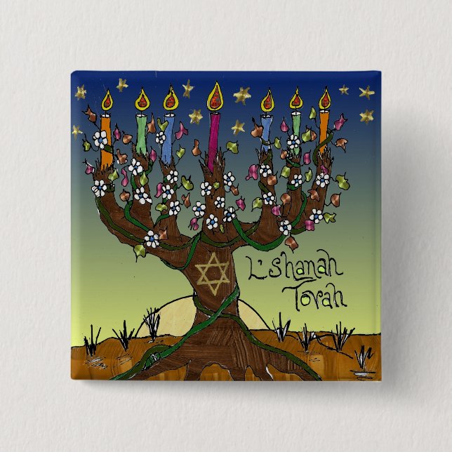 Judaica L'shanah Tovah Tree Of Life Gifts Apparel 2 Inch Square Button (Front)