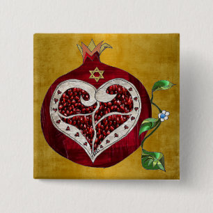 Judaica Pomegranate Heart Hanukkah Rosh Hashanah 2 Inch Square Button