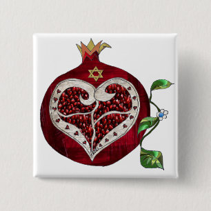 Judaica Pomegranate Heart Hanukkah Rosh Hashanah 2 Inch Square Button