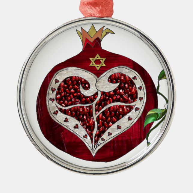 Judaica Pomegranate Heart Hanukkah Rosh Hashanah Metal Ornament (Front)