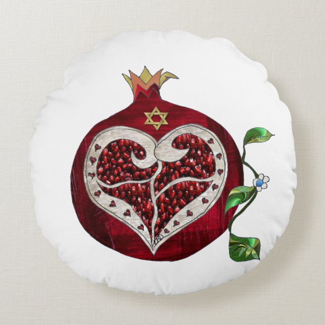 Judaica Pomegranate Heart Hanukkah Rosh Hashanah Round Pillow (Front)