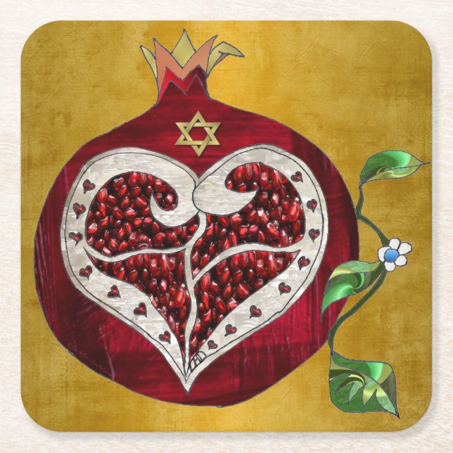 Judaica Pomegranate Heart Hanukkah Rosh Hashanah Square Paper Coaster (Front)