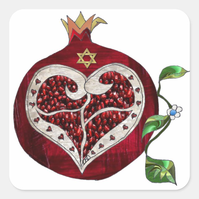 Judaica Pomegranate Heart Hanukkah Rosh Hashanah Square Sticker (Front)