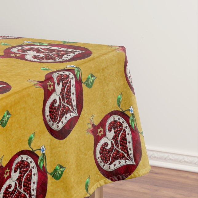 Judaica Pomegranate Heart Hanukkah Rosh Hashanah Tablecloth (In Situ)