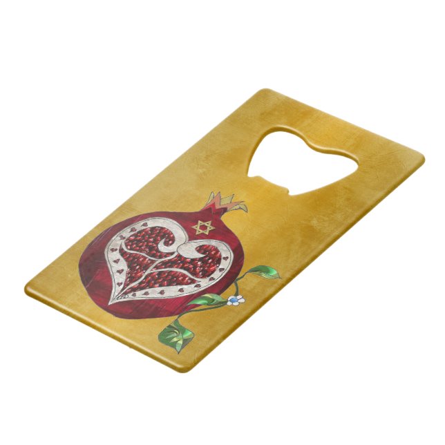 Judaica Pomegranate Heart Hanukkah Rosh Hashanah Wallet Bottle Opener (Front Angled)