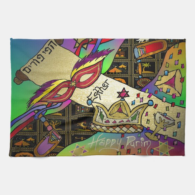 Judaica Purim Esther Celebration Art Print Kitchen Towel (Horizontal)