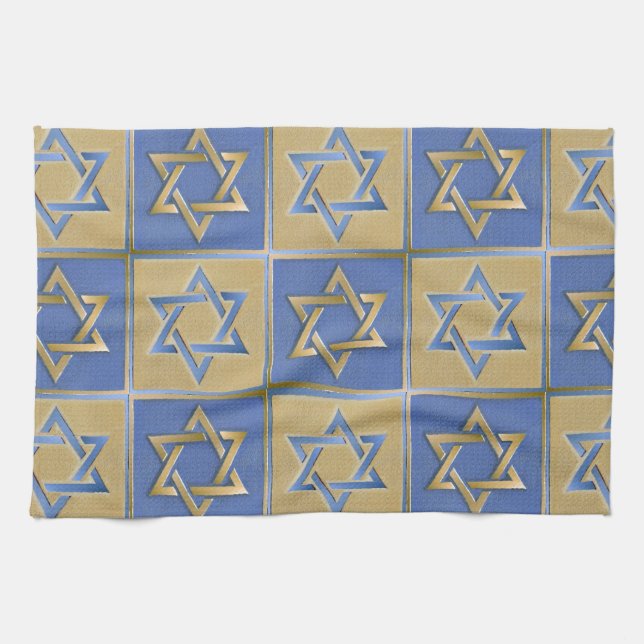 Judaica Star Of David Metal Gold Blue Kitchen Towel (Horizontal)