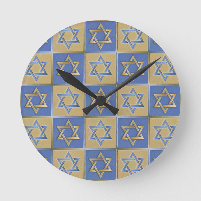 Judaica Star Of David Metal Gold Blue Round Clock (Front)