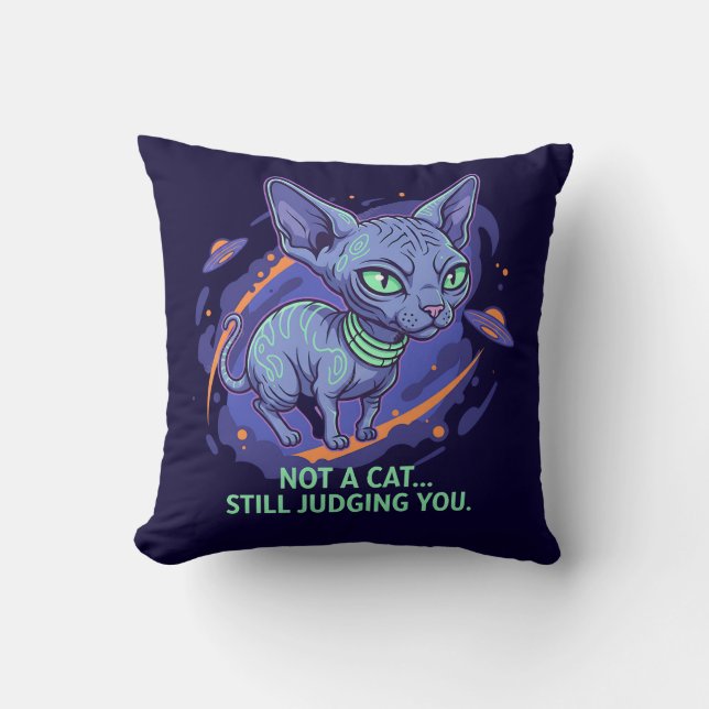Judging Alien Sphynx Cat Sci-Fi Humor Art Throw Pillow (Front)