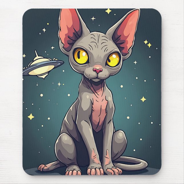 Judging Sphynx Cat UFO Space Cartoon Art Mouse Pad (Front)