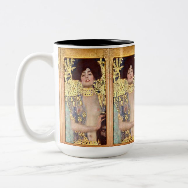 Judith and the Head of Holofernes by Gustav Klimt Two-Tone Coffee Mug (Left)