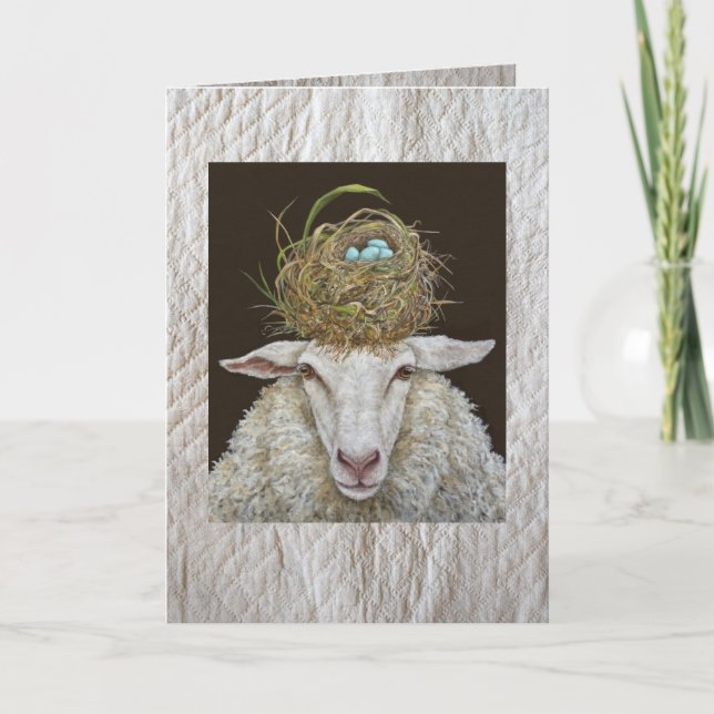 Judith the sheep card on quilted background (Front)
