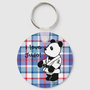 Judo Panda Cartoon with a Black Belt Plaid Keychain