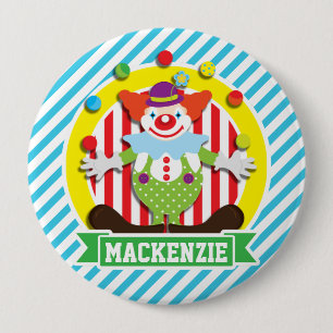 Juggling Big Top Circus Clown; Blue Stripes 4 Inch Round Button