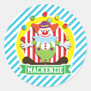 Juggling Big Top Circus Clown; Blue Stripes Classic Round Sticker
