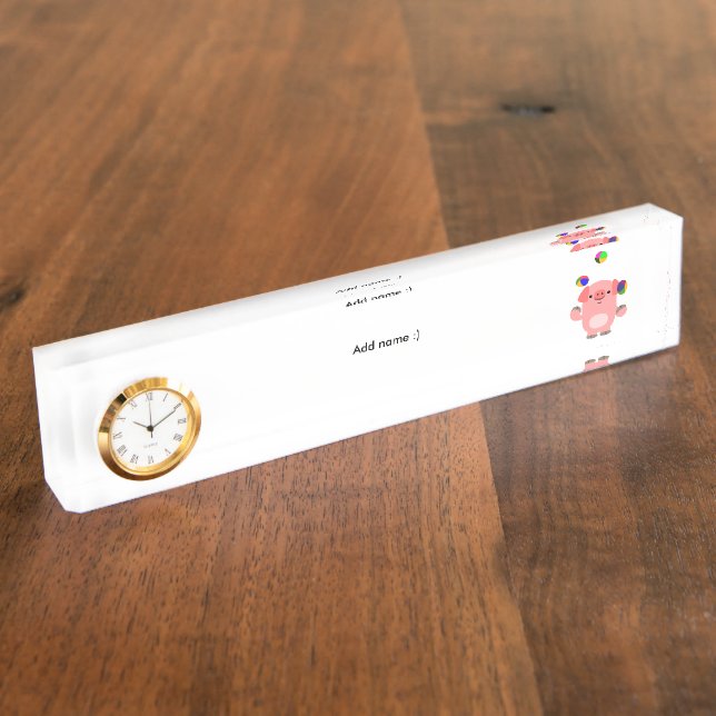Juggling Cartoon Pig Desk Nameplate with Clock (Side)