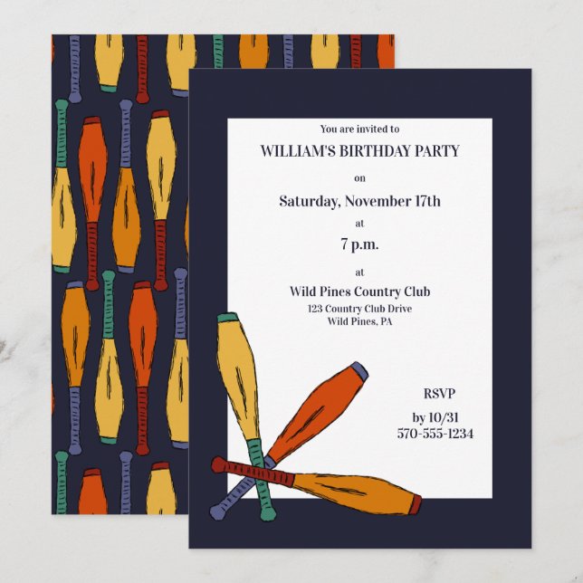 Juggling Clubs Jugglers Birthday Party Invitation (Front/Back)