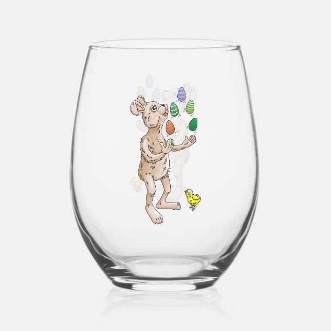 Juggling Easter Bunny Stemless Wine Glass (Front)