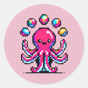 Juggling Octopus: Colorful 8-Bit Pixel Art Classic Round Sticker