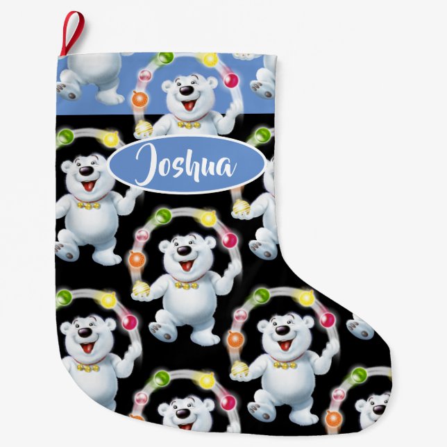 Juggling Polar Bear custom boys Christmas stockin Large Christmas Stocking (Front)