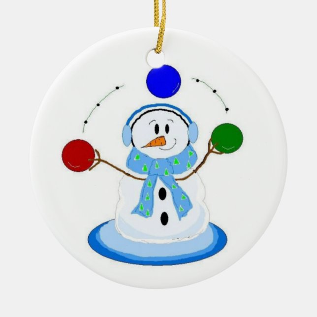 Juggling Snowman Ceramic Ornament (Front)