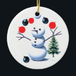 Juggling Snowman Christmas Baubles Ceramic Ornament<br><div class="desc">Even snowmen possess talents; picture a dapper snowman with twig arms expertly juggling vibrant Christmas baubles,  striving not to let any fall. It's a playful and charming decoration for your Christmas tree.</div>