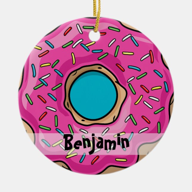 Juicy Delicious Pink Sprinkled Doughnut Ceramic Ornament (Front)