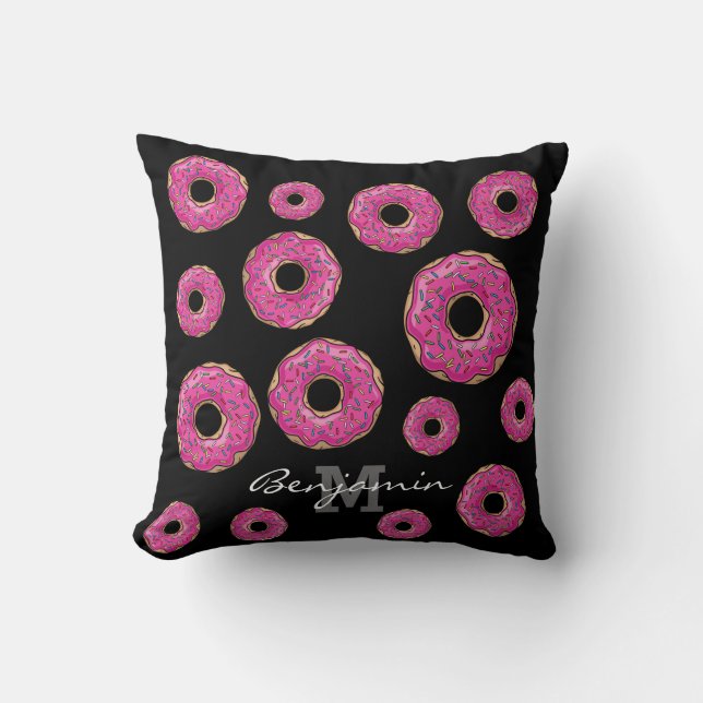 Juicy Delicious Pink Sprinkled Doughnut Throw Pillow (Front)