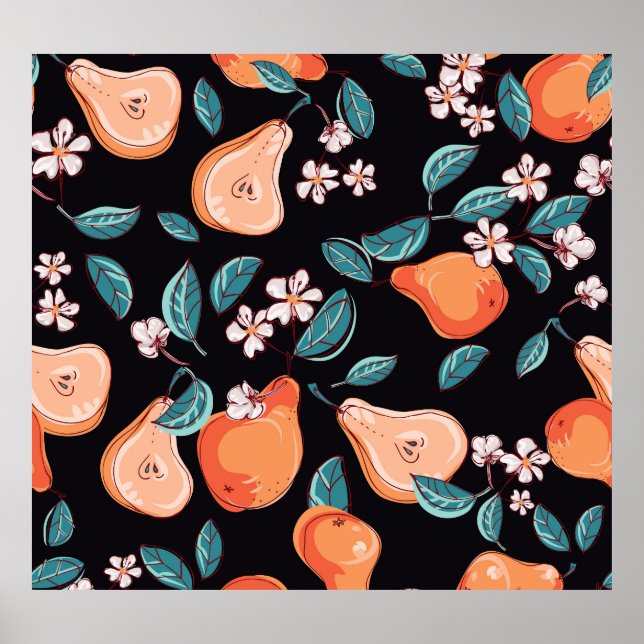 Juicy pears: hand-drawn fruit pattern. poster (Front)
