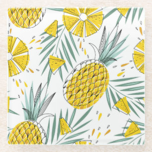 Juicy pineapples: bright vintage pattern. glass coaster