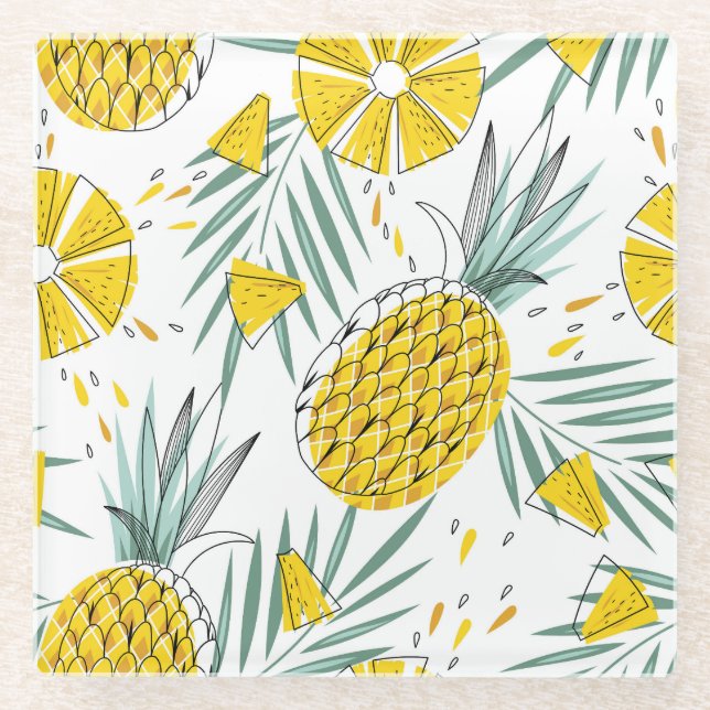 Juicy pineapples: bright vintage pattern. glass coaster (Front)