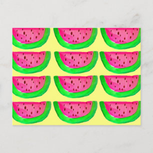 Juicy pink  watermelon fruit pattern on lemon postcard
