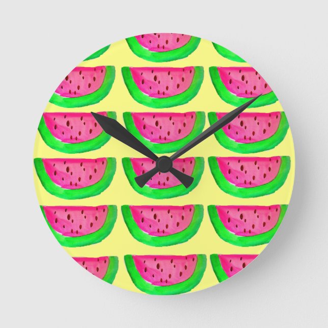 Juicy pink  watermelon fruit pattern on lemon round clock (Front)