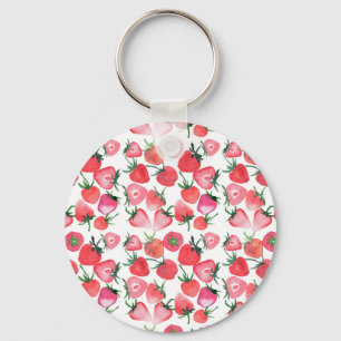 Juicy Red Strawberries Watercolor Pattern Keychain