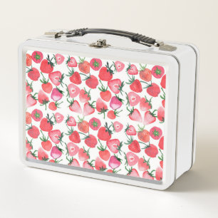 Juicy Red Strawberries Watercolor Pattern Metal Lunch Box
