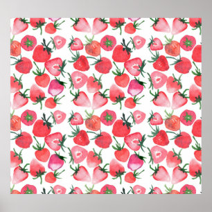 Juicy Red Strawberries Watercolor Pattern Poster