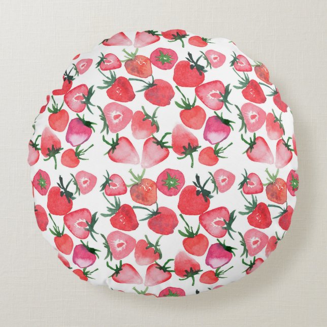 Juicy Red Strawberries Watercolor Pattern Round Pillow (Front)