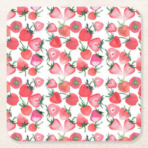 Juicy Red Strawberries Watercolor Pattern Square Paper Coaster