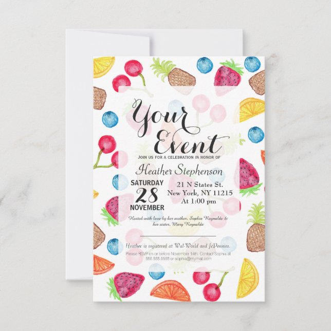 Juicy Watercolor Hand Painted Fruit Pattern Invitation (Front)