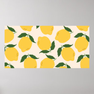 Juicy yellow Lemons, green leaves. Fresh tasty fru Poster